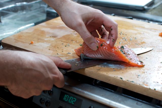 Remove the skin from your salmon fillet.